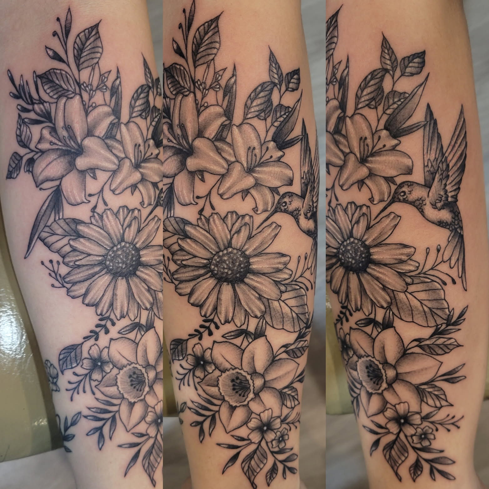 black-and-grey-hummingbird-floral-tattoo-buford-ga