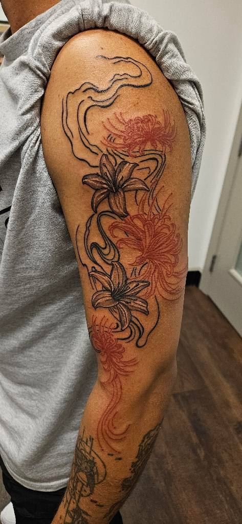 black-and-grey-lilies-chrysanthemums-tattoo-buford-ga