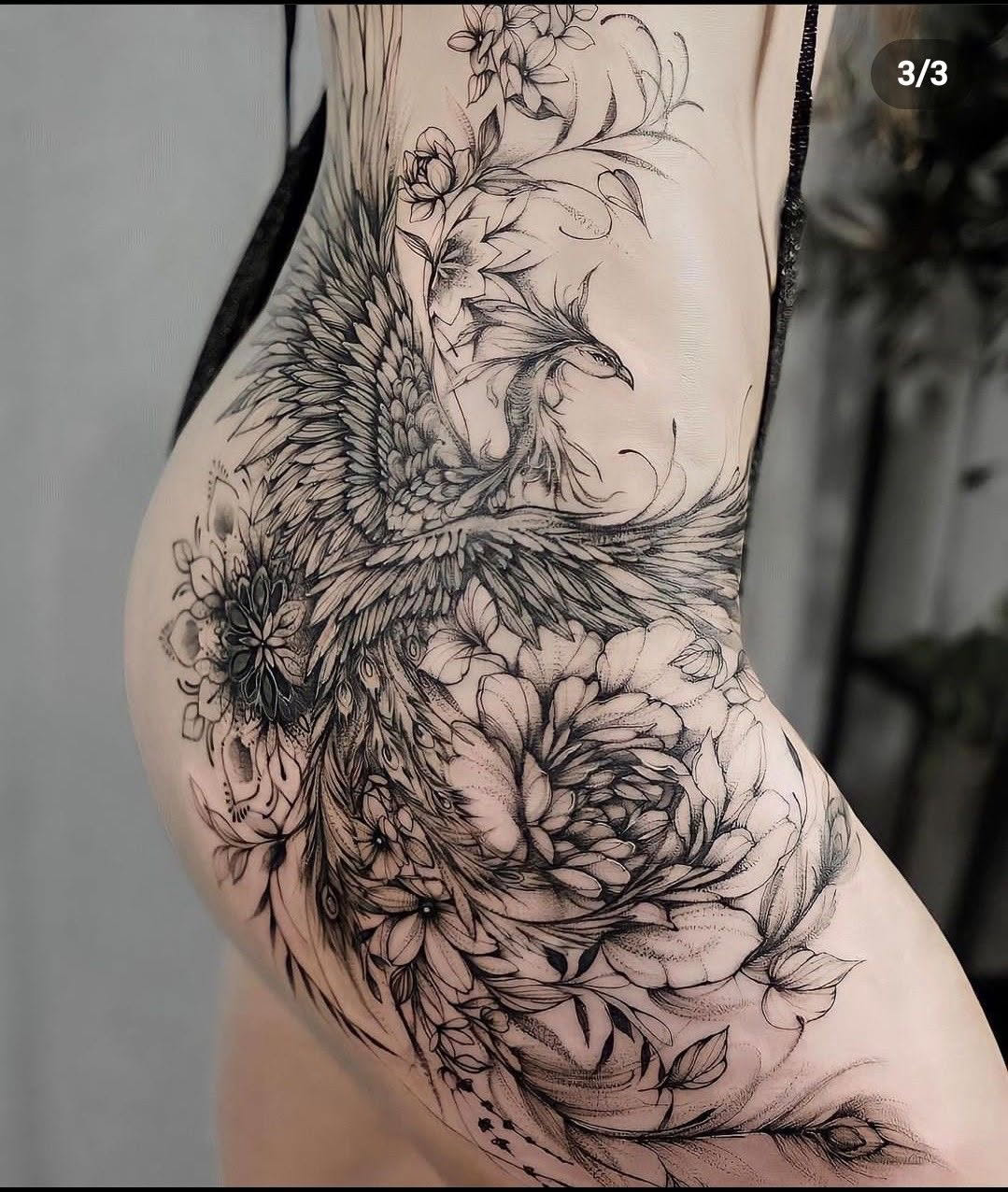 black-and-grey-phoenix-floral-hip-tattoo-buford-ga